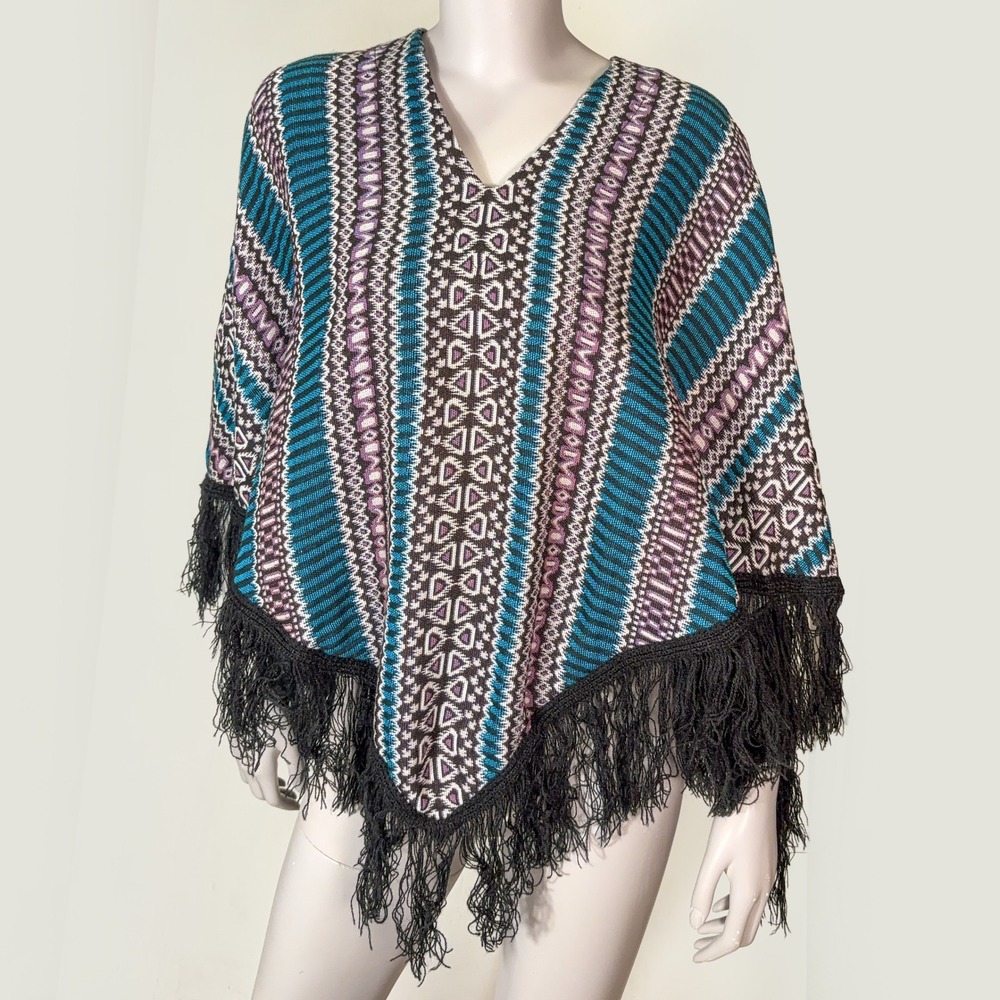 VTG Boho Knit Poncho Geometric Knit Fringe Made in Japan